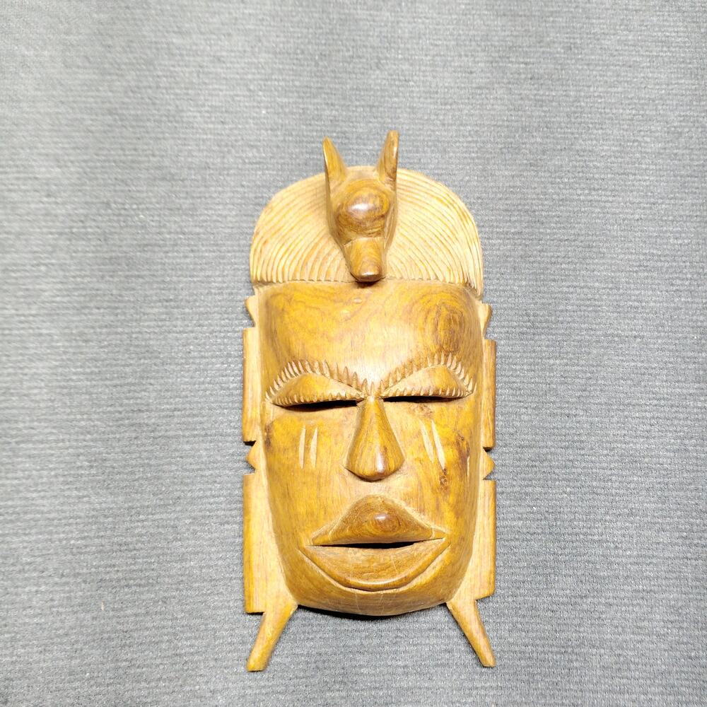 Vintage Hand Carved African Wooden Mask with Antelope/Anubis Detail